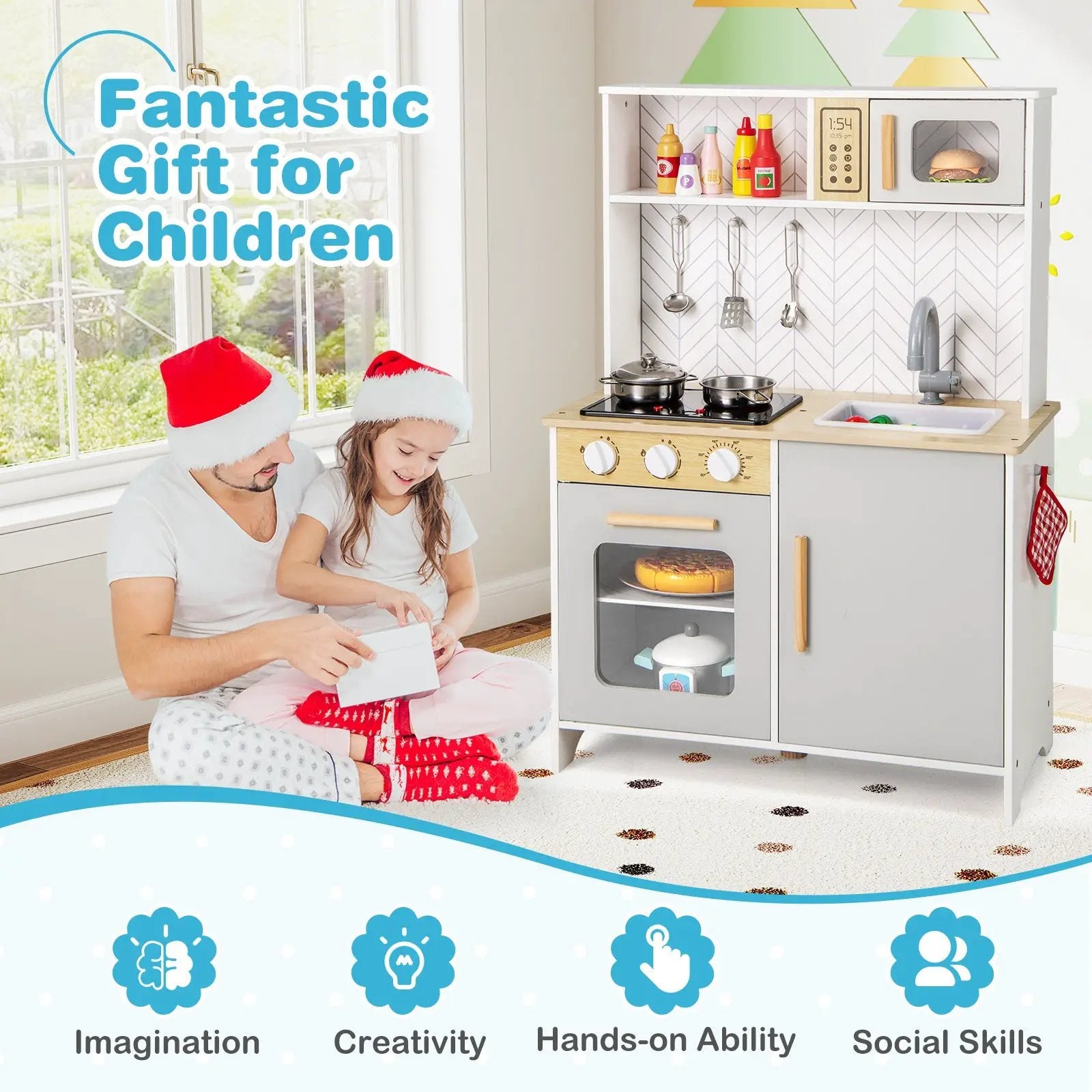 Kids Kitchen Playset with Lights Sounds Microwave Stoves Sink Oven and Cooking Accessories-White by DirectDeals