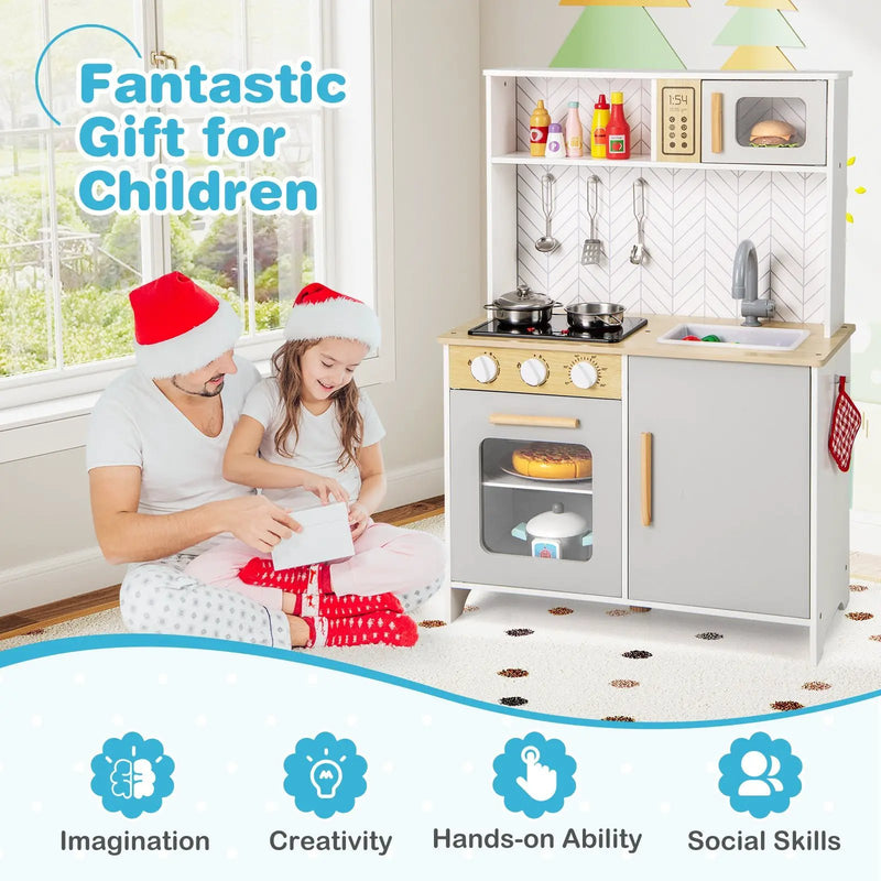 Kids Kitchen Playset with Lights Sounds Microwave Stoves Sink Oven and Cooking Accessories-White by DirectDeals