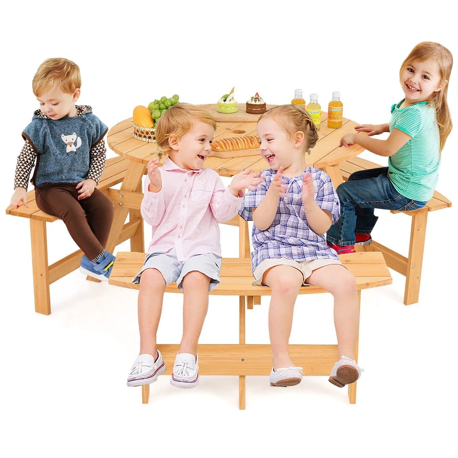 Kids Outdoor Wooden Picnic Table and Bench Set with Umbrella Hole-Natural by DirectDeals