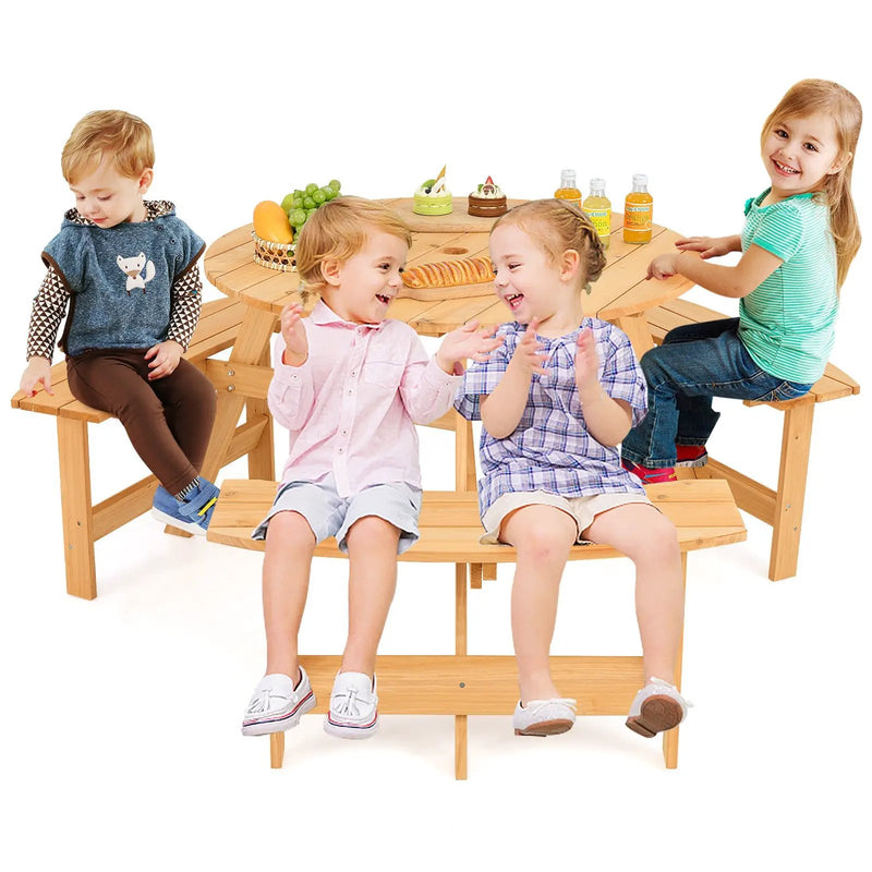 Kids Outdoor Wooden Picnic Table and Bench Set with Umbrella Hole-Natural by DirectDeals