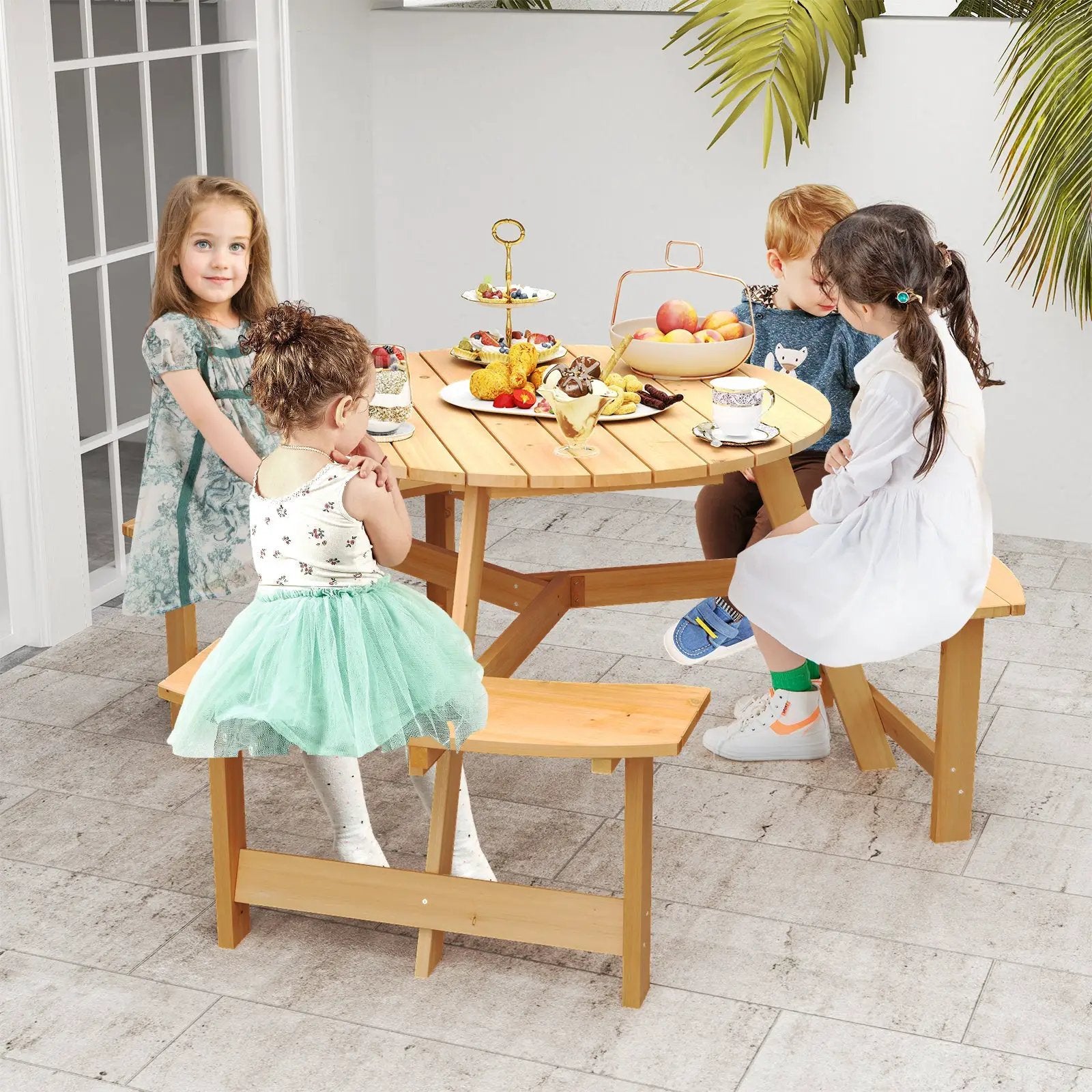 Kids Outdoor Wooden Picnic Table and Bench Set with Umbrella Hole-Natural by DirectDeals