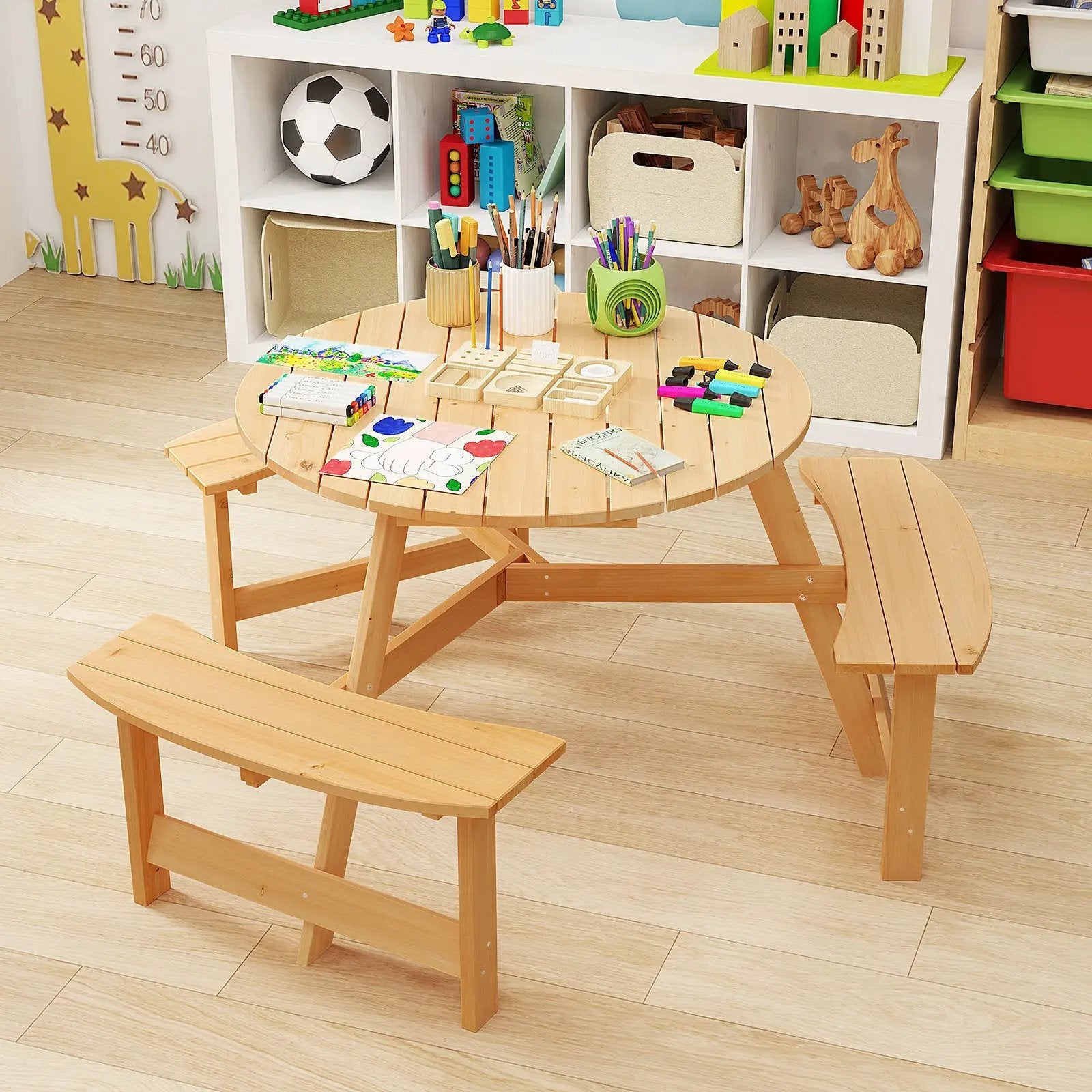 Kids Outdoor Wooden Picnic Table and Bench Set with Umbrella Hole-Natural by DirectDeals