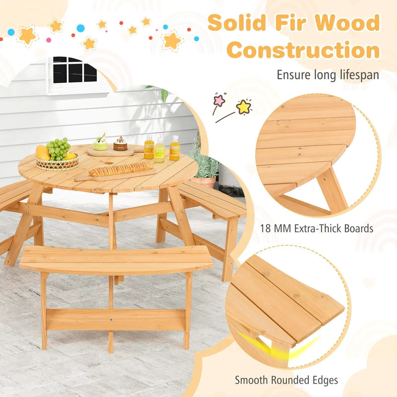 Kids Outdoor Wooden Picnic Table and Bench Set with Umbrella Hole-Natural by DirectDeals
