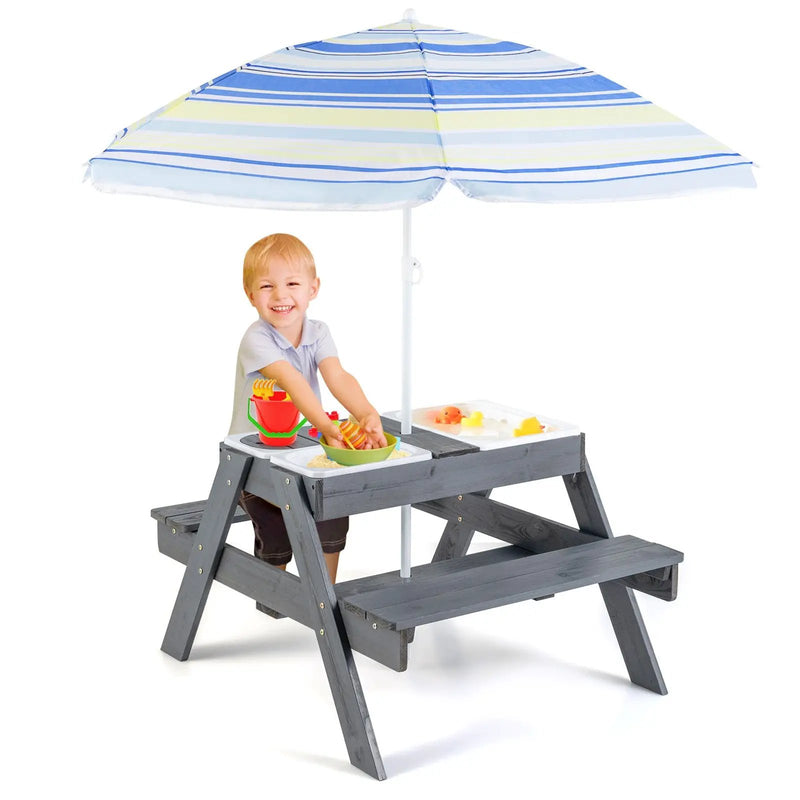 Kids Picnic Table Set with 3 Removable Bins-Gray by DirectDeals