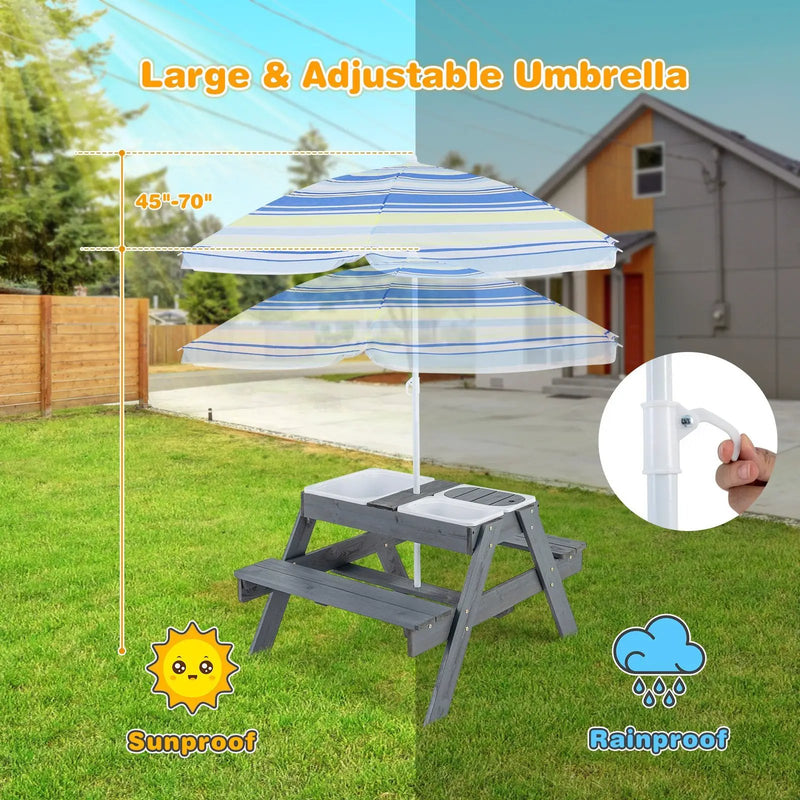 Kids Picnic Table Set with 3 Removable Bins-Gray by DirectDeals