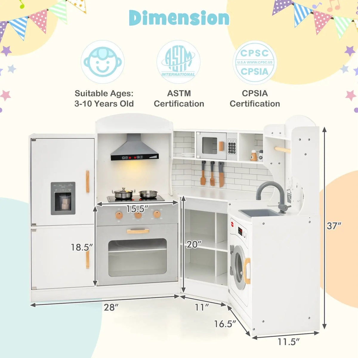 Corner Kids Play Kitchen with Washing Machine and Ice Maker Gift for Boys Girls, photo 5 of 12