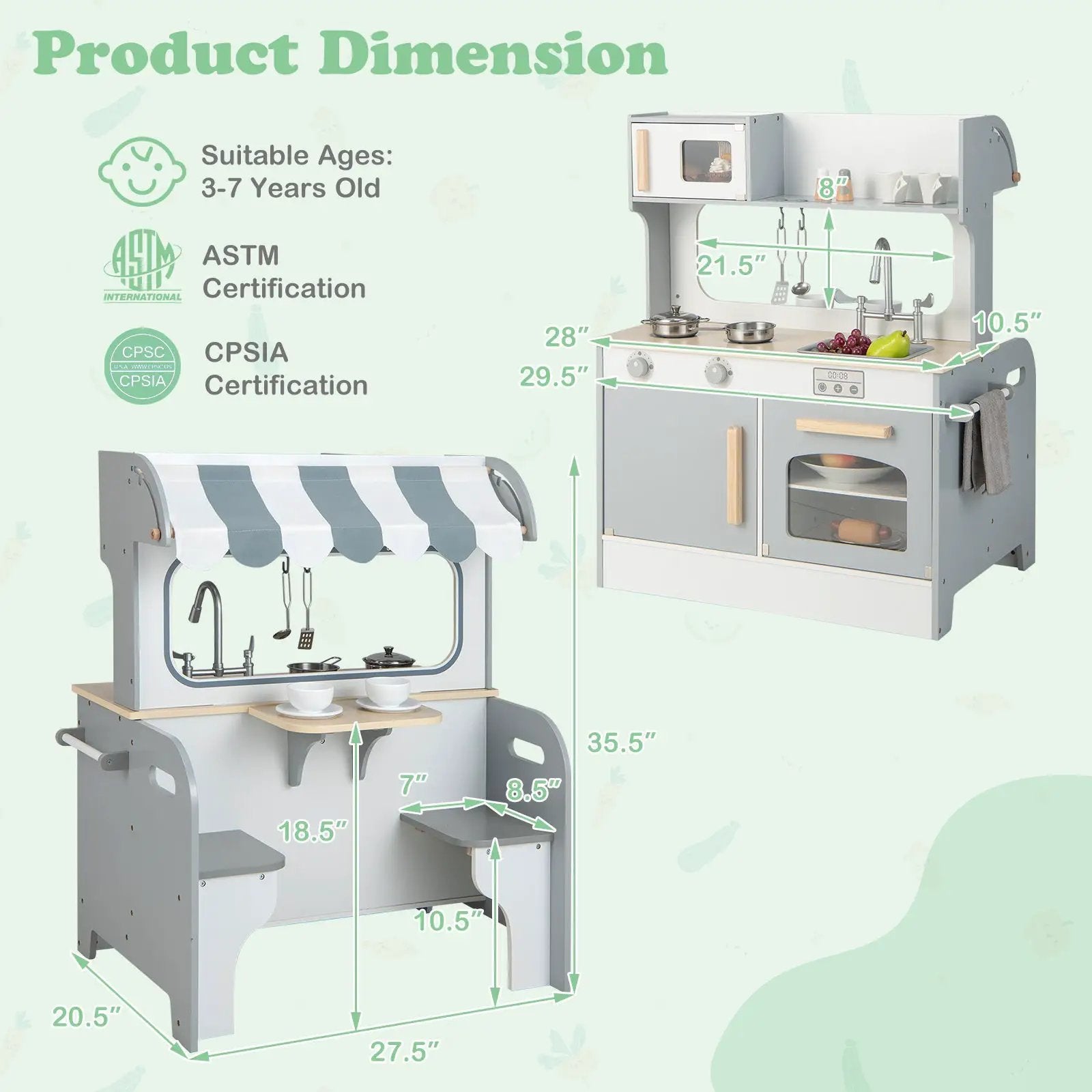 Double Sided Kids Pretend Kitchen Playset with 2-Seat Cafe-Gray by DirectDeals