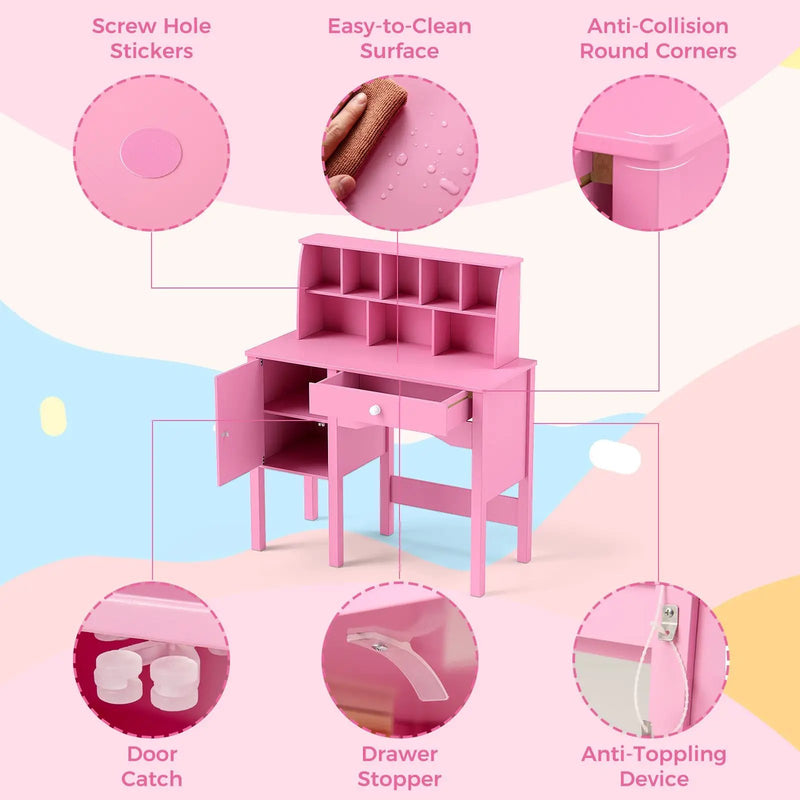 Kids Study Desk and Chair Set with Chair Hutch and Storage Cabinet for 3+ Years Old by DirectDeals