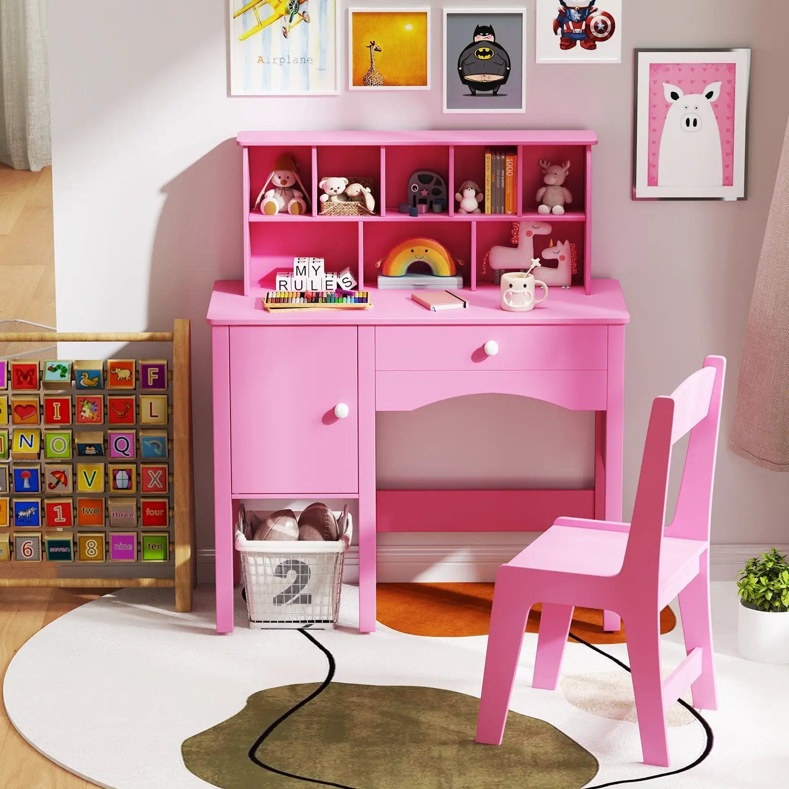 Kids Study Desk and Chair Set with Chair Hutch and Storage Cabinet for 3+ Years Old by DirectDeals