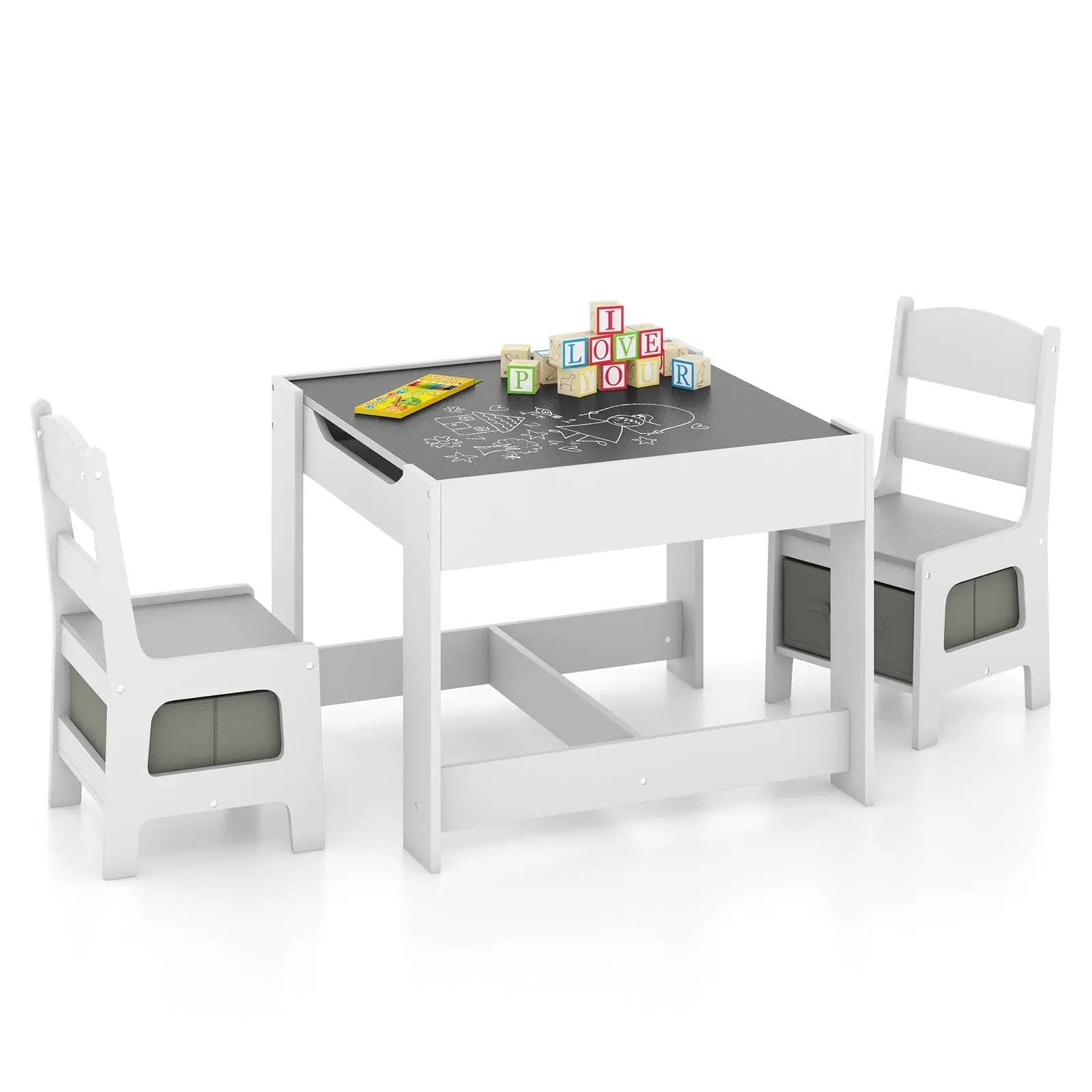 Kids Table Chairs Set With Storage Boxes Blackboard Whiteboard Drawing by DirectDeals