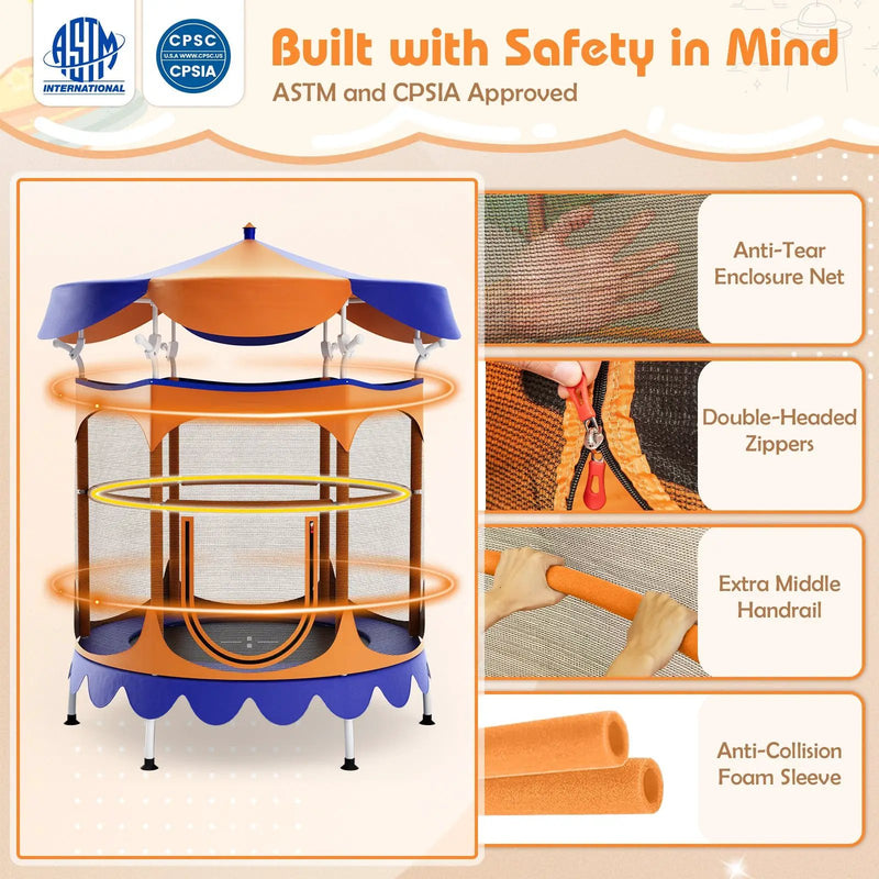 64 Inch Kids Trampoline with Detachable Canopy and Safety Enclosure Net by DirectDeals