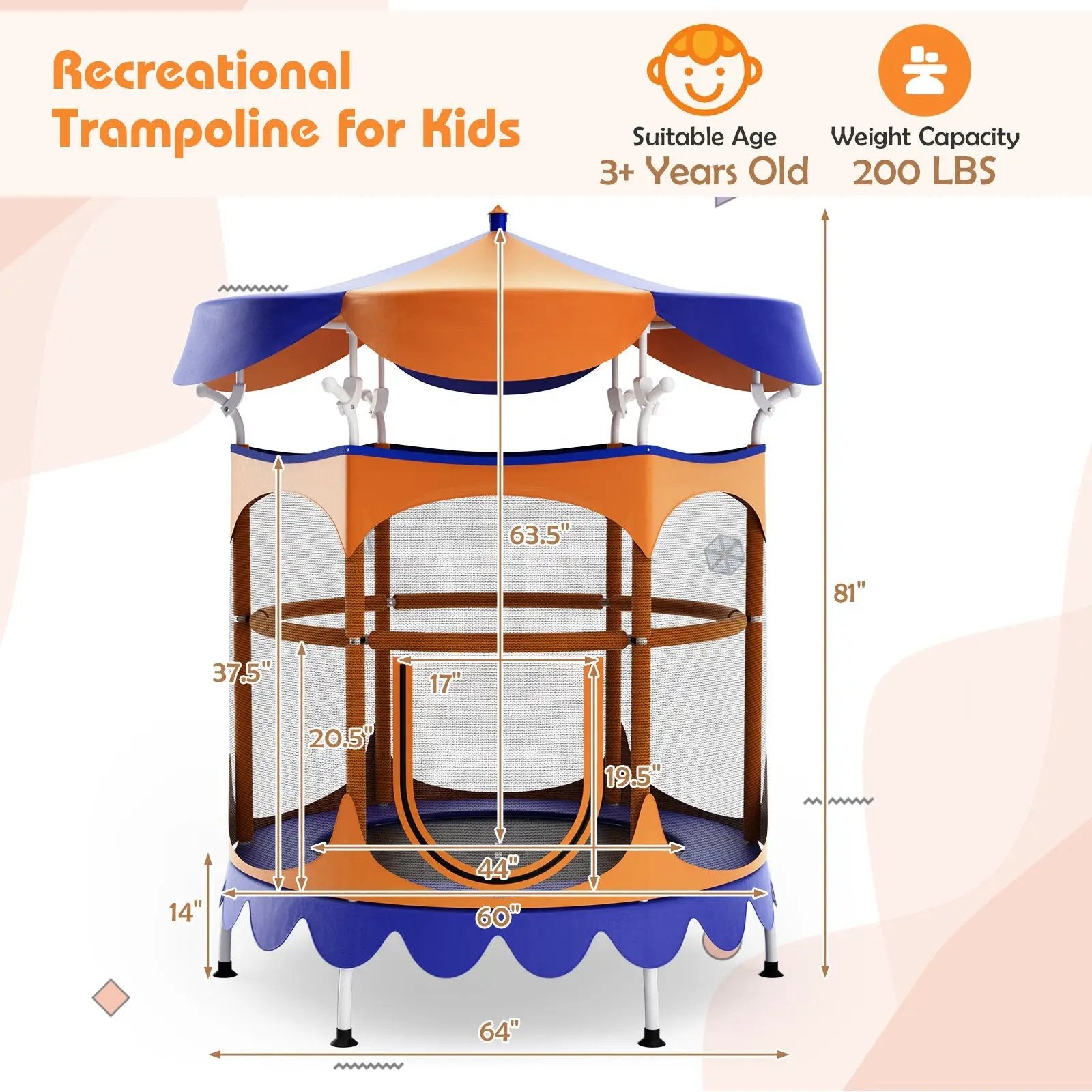 64 Inch Kids Trampoline with Detachable Canopy and Safety Enclosure Net by DirectDeals