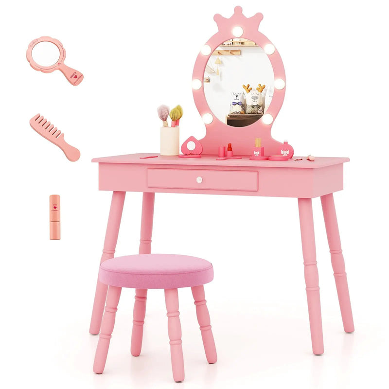 Kids Vanity Set with Lighted Mirror with Adjustable Brightness and Large Drawer by DirectDeals