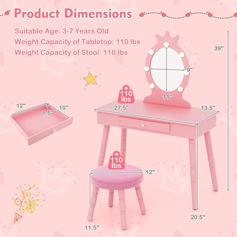 Kids Vanity Set with Lighted Mirror with Adjustable Brightness and Large Drawer by DirectDeals