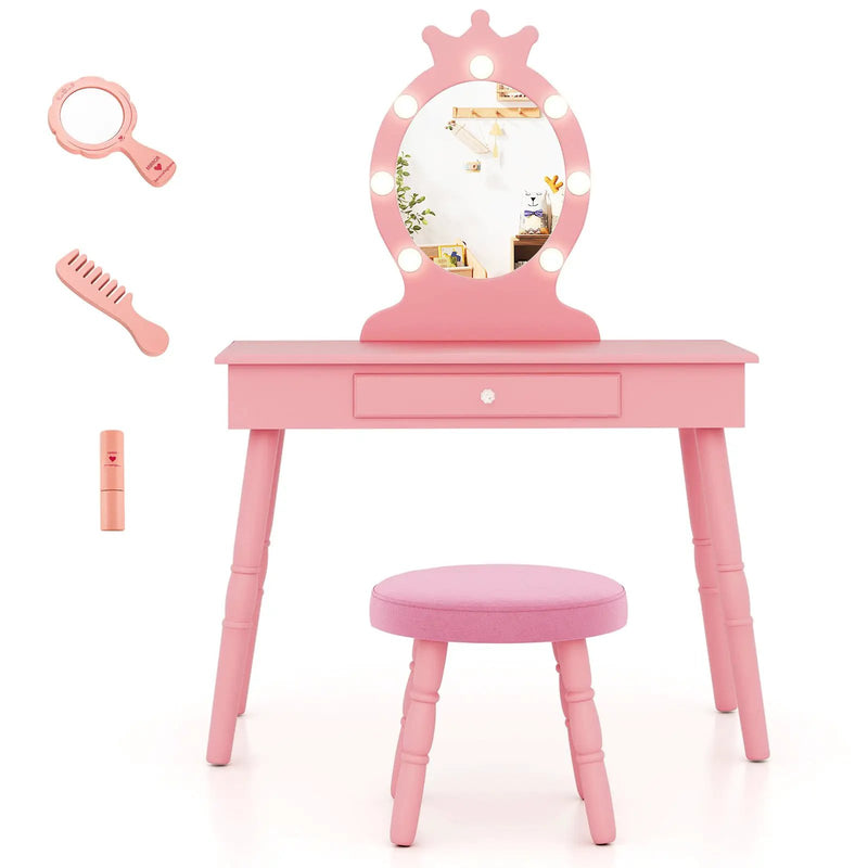 Kids Vanity Set with Lighted Mirror with Adjustable Brightness and Large Drawer by DirectDeals