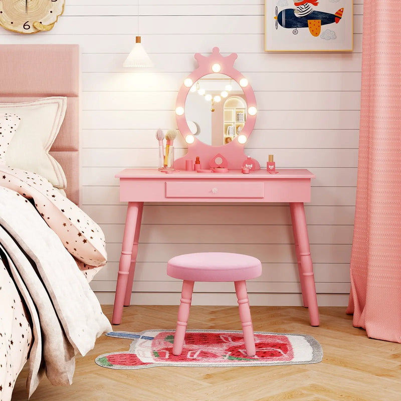 Kids Vanity Set with Lighted Mirror with Adjustable Brightness and Large Drawer by DirectDeals