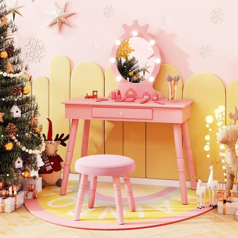 Kids Vanity Set with Lighted Mirror with Adjustable Brightness and Large Drawer by DirectDeals