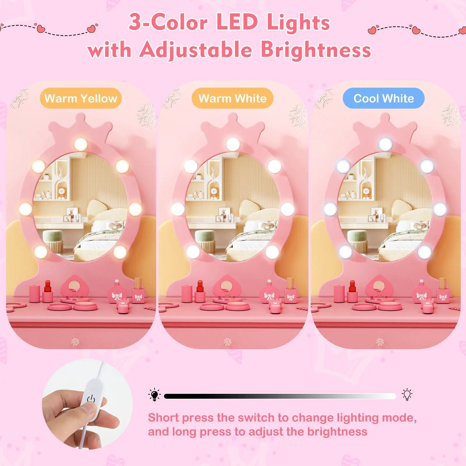 Kids Vanity Set with Lighted Mirror with Adjustable Brightness and Large Drawer by DirectDeals