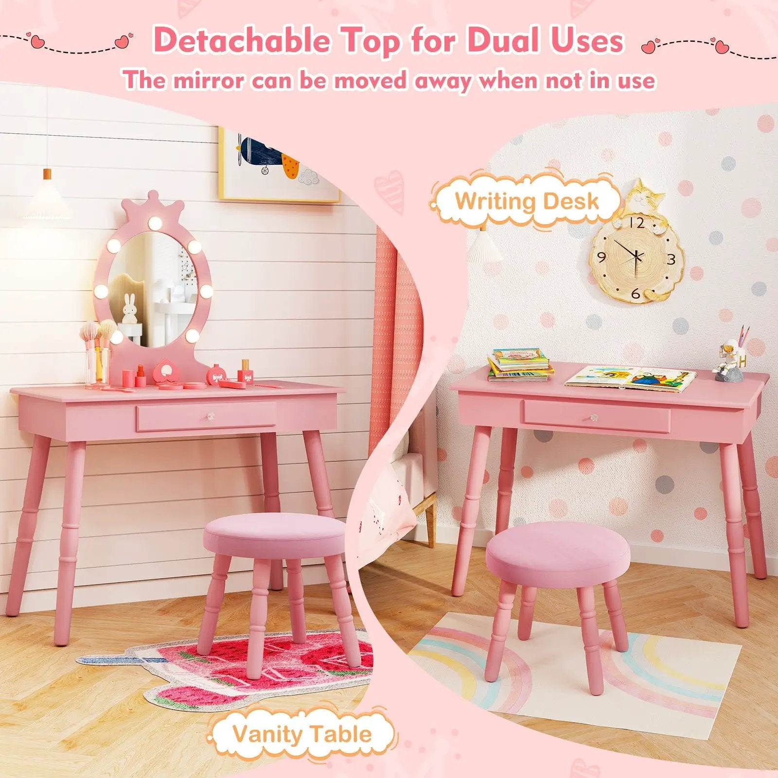 Kids Vanity Set with Lighted Mirror with Adjustable Brightness and Large Drawer by DirectDeals