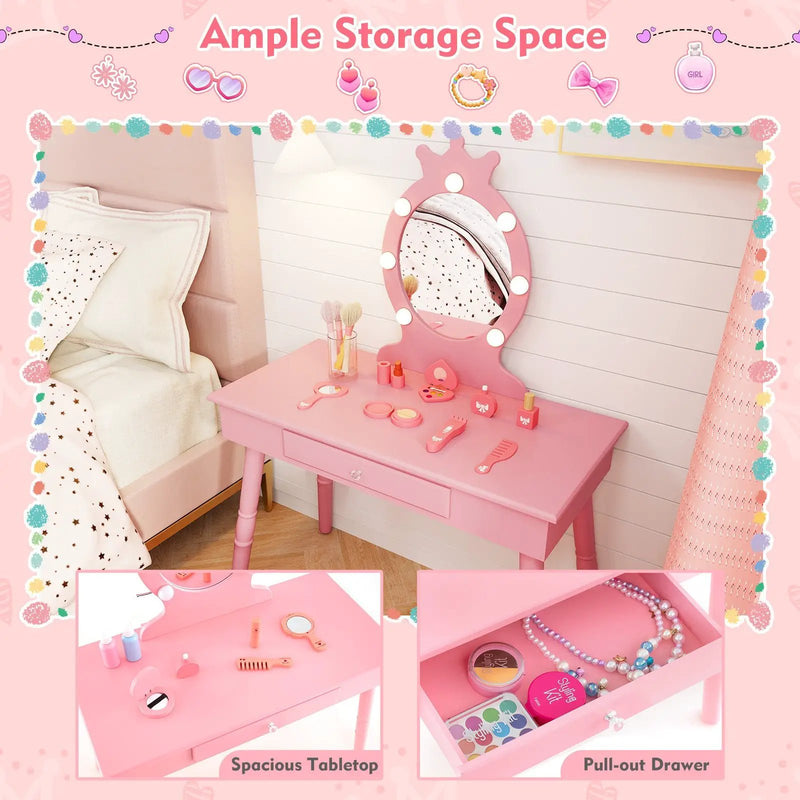 Kids Vanity Set with Lighted Mirror with Adjustable Brightness and Large Drawer by DirectDeals