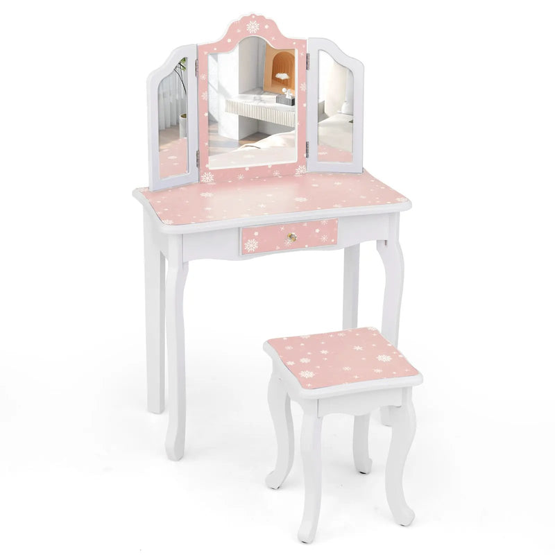 Princess Pretend Play Makeup Table and Stool Set with Tri-folding Mirror by DirectDeals