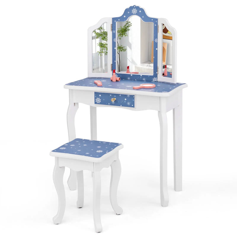 Princess Pretend Play Makeup Table and Stool Set with Tri-folding Mirror by DirectDeals