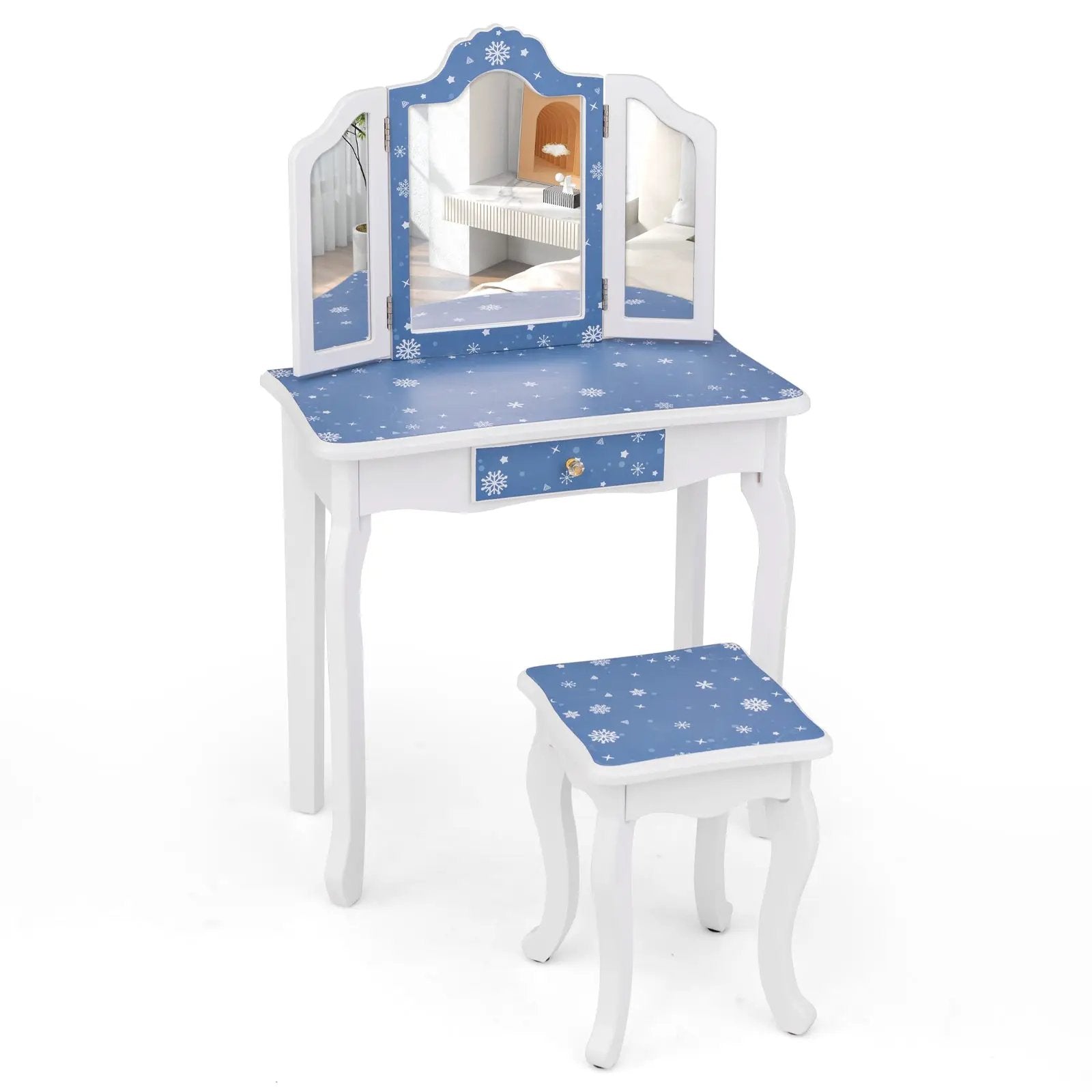 Princess Pretend Play Makeup Table and Stool Set with Tri-folding Mirror by DirectDeals