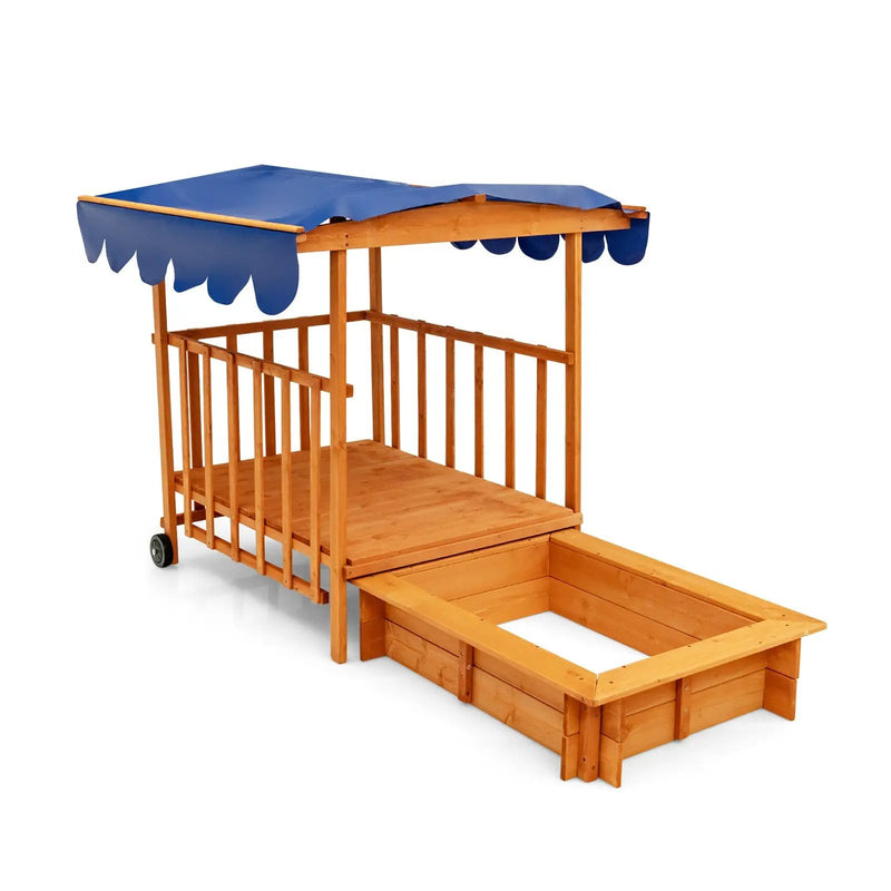 Kids Outdoor Wooden Retractable Sandbox with Cover and Built-in Wheels-Natural by DirectDeals