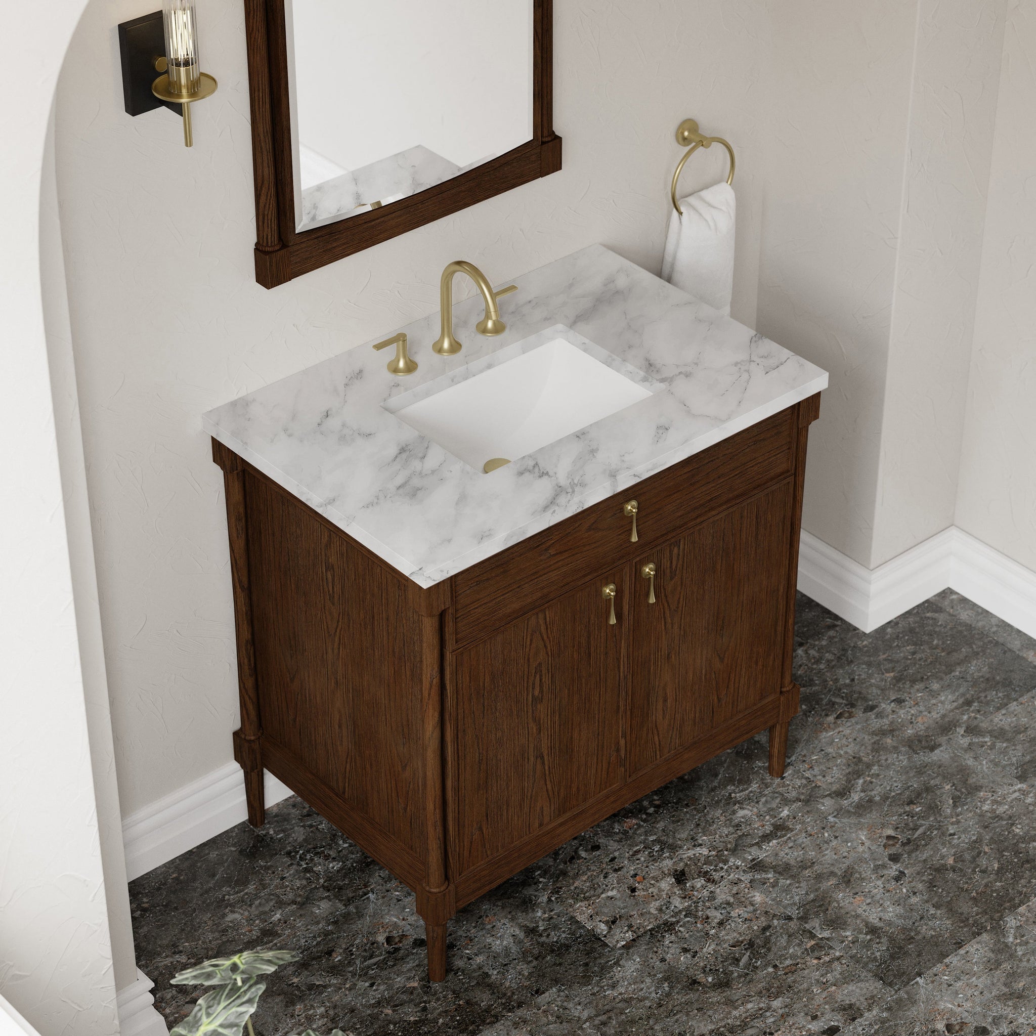 James Martin Kinnsden 36" Single Bathroom Vanity, Sable Oak with Carrara White countertop