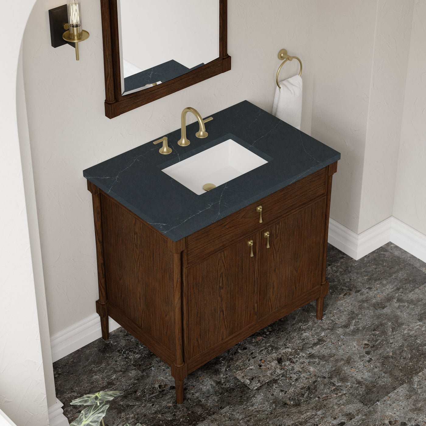 James Martin Kinnsden 36" Single Bathroom Vanity, Sable Oak with Charcoal Soapstone countertop