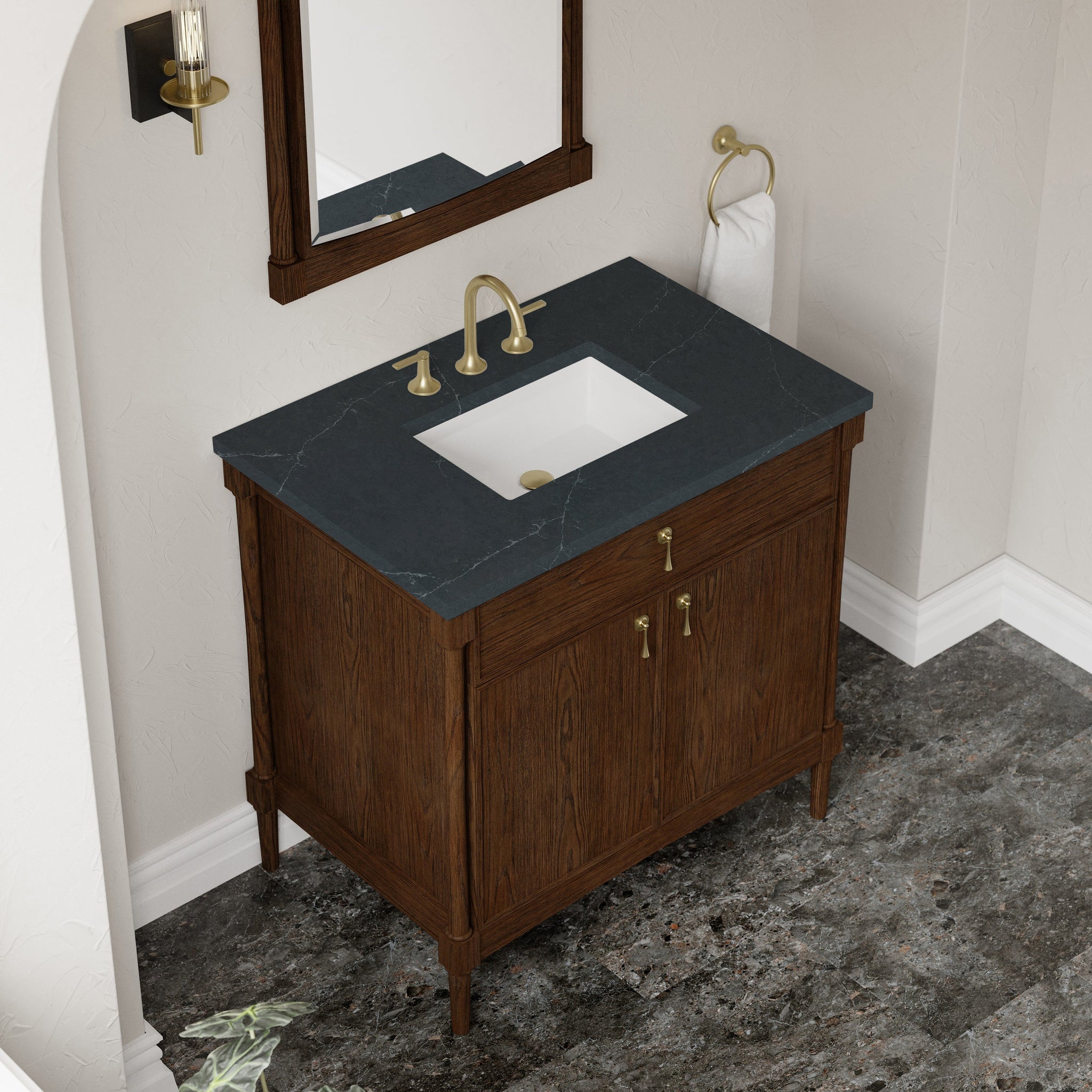 James Martin Kinnsden 36" Single Bathroom Vanity, Sable Oak with Charcoal Soapstone countertop