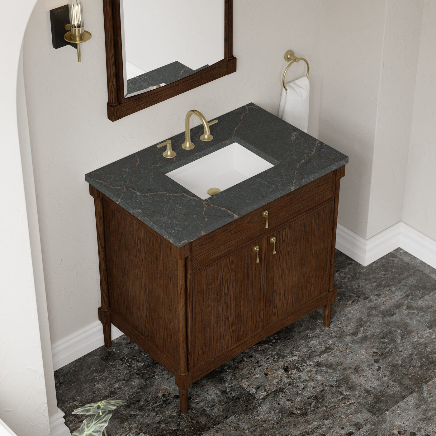 James Martin Kinnsden 36" Single Bathroom Vanity, Sable Oak with Parisien Bleu countertop