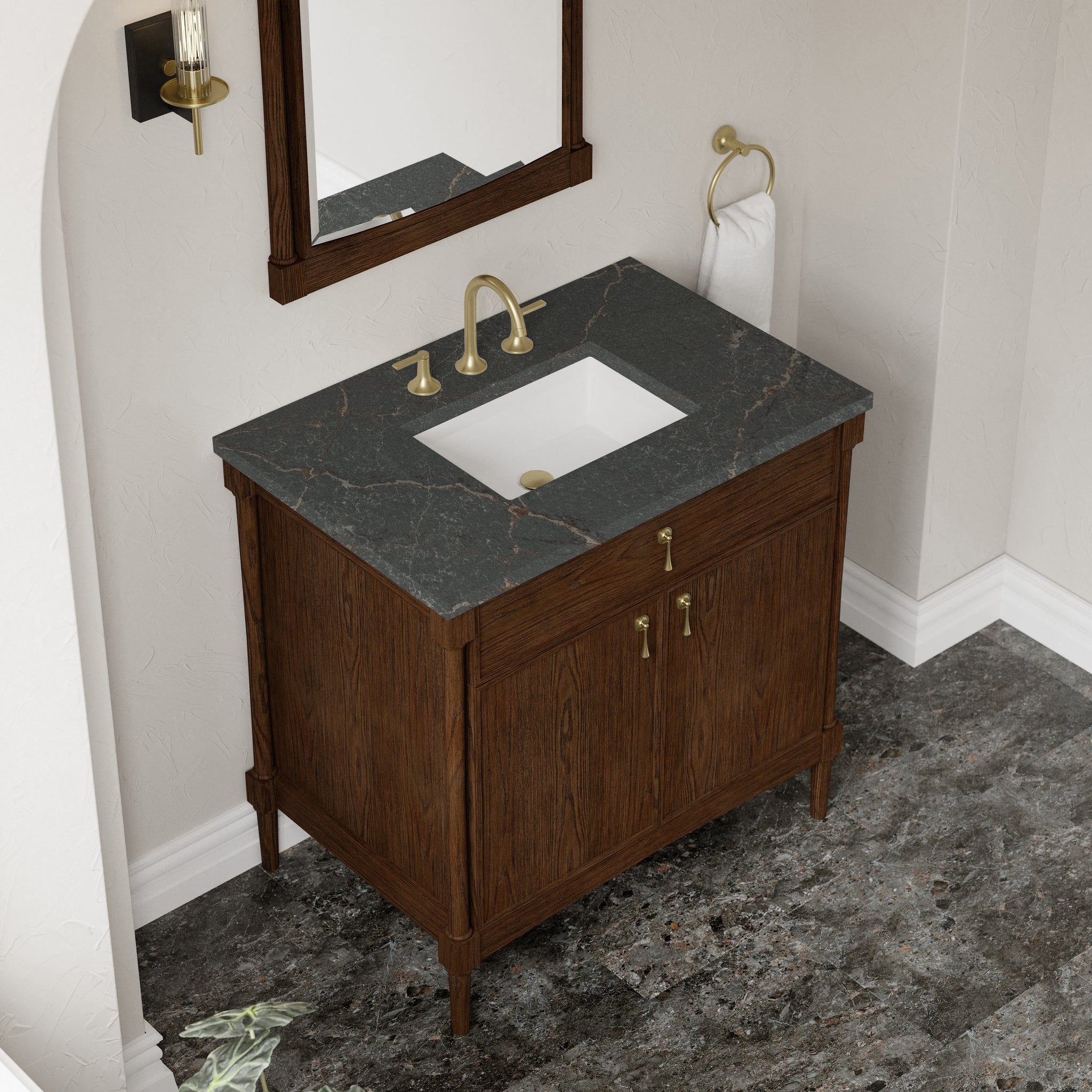 James Martin Kinnsden 36" Single Bathroom Vanity, Sable Oak with Parisien Bleu countertop