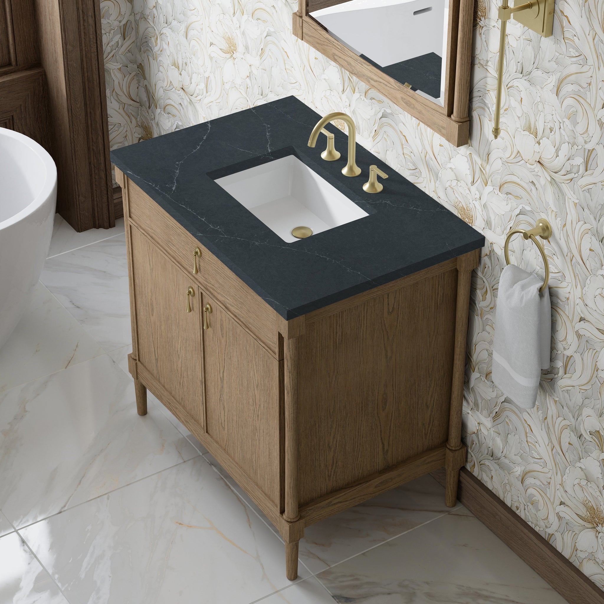James Martin Kinnsden 36" Single Bathroom Vanity, Weathered Oak with Charcoal Soapstone countertop