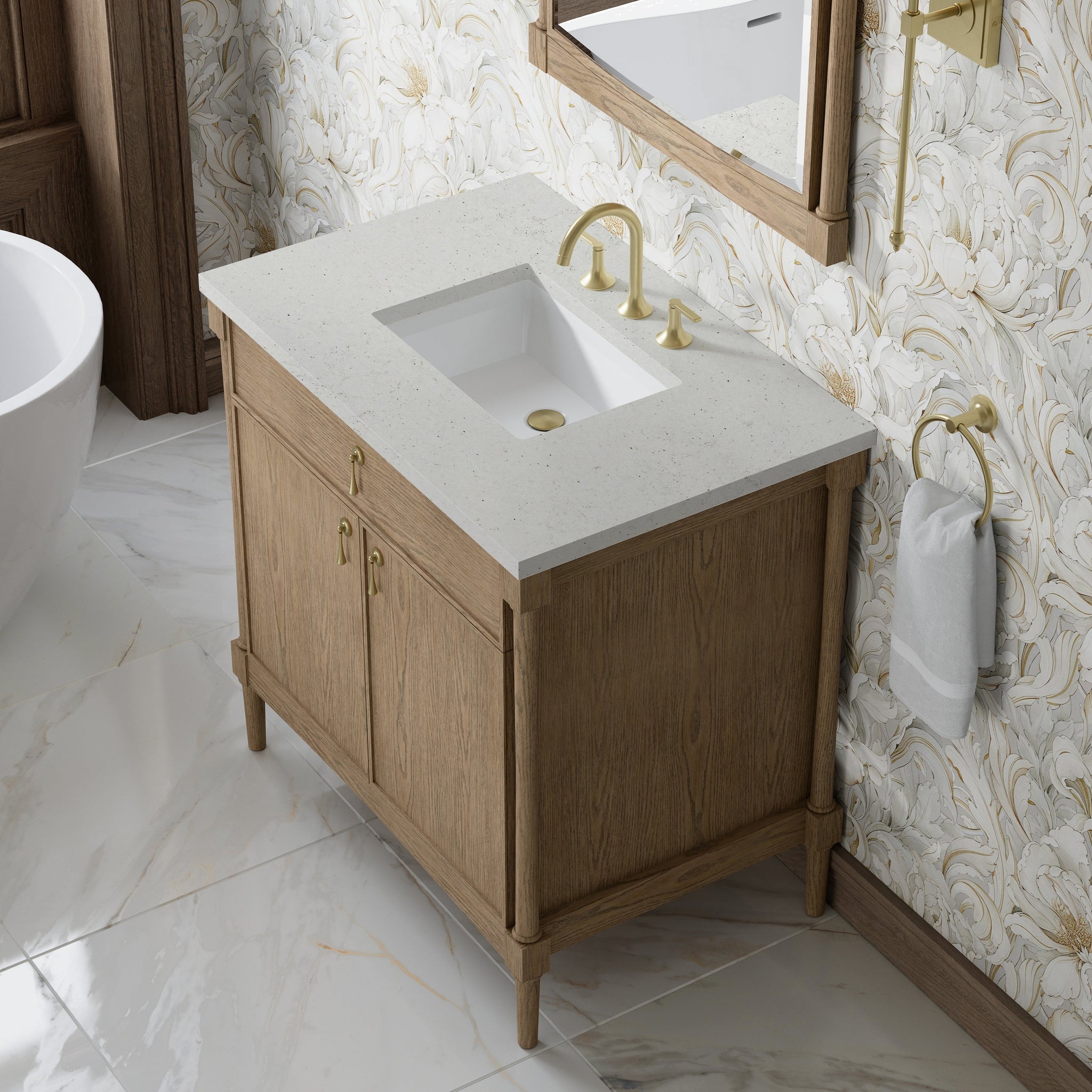 James Martin Kinnsden 36" Single Bathroom Vanity, Weathered Oak with Lime Delight countertop