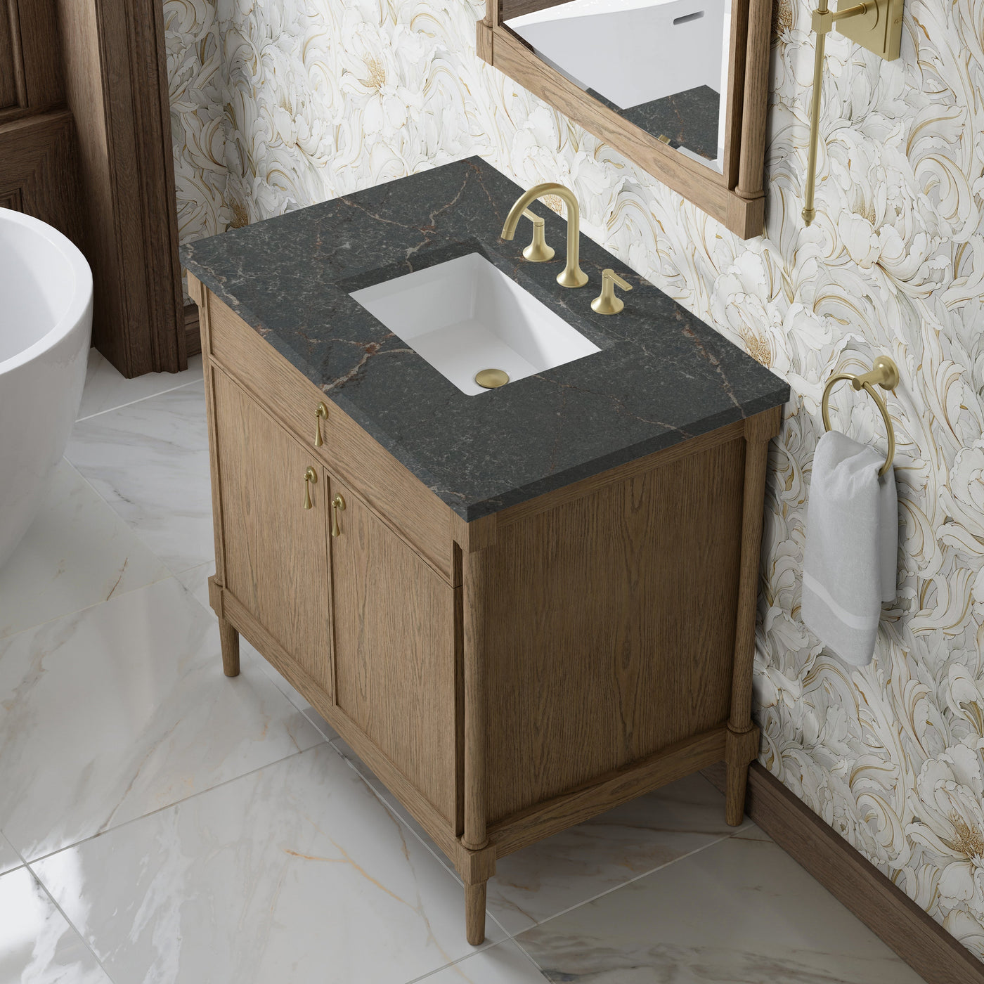 James Martin Kinnsden 36" Single Bathroom Vanity, Weathered Oak with Parisien Bleu countertop