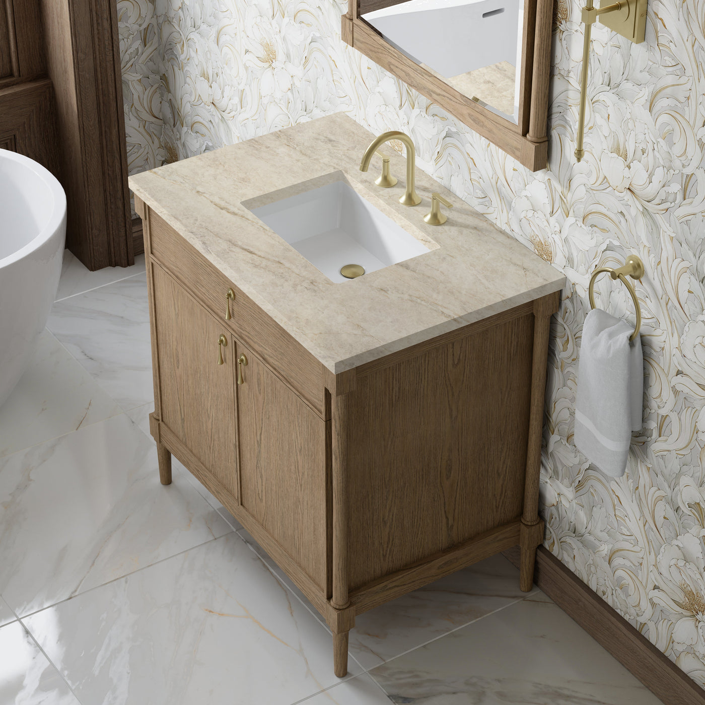 James Martin Kinnsden 36" Single Bathroom Vanity, Weathered Oak with Tajnar countertop