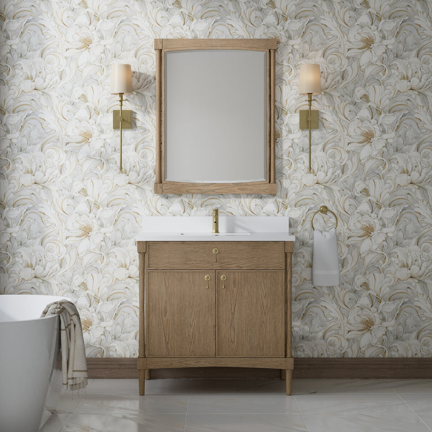James Martin Kinnsden 36" Single Bathroom Vanity, Weathered Oak with White Zeus (Single Hole) countertop