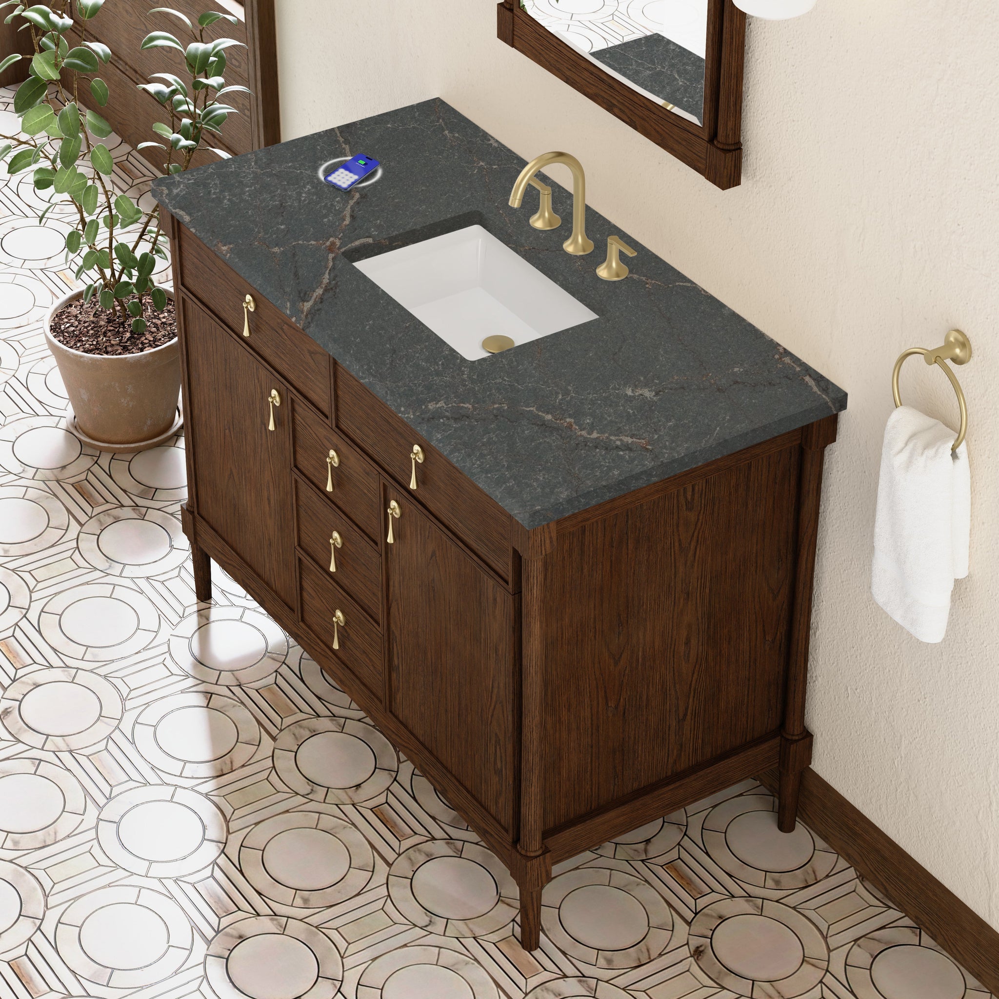 James Martin Kinnsden 48" Single Bathroom Vanity, Sable Oak with Parisien Bleu (FreePower) countertop