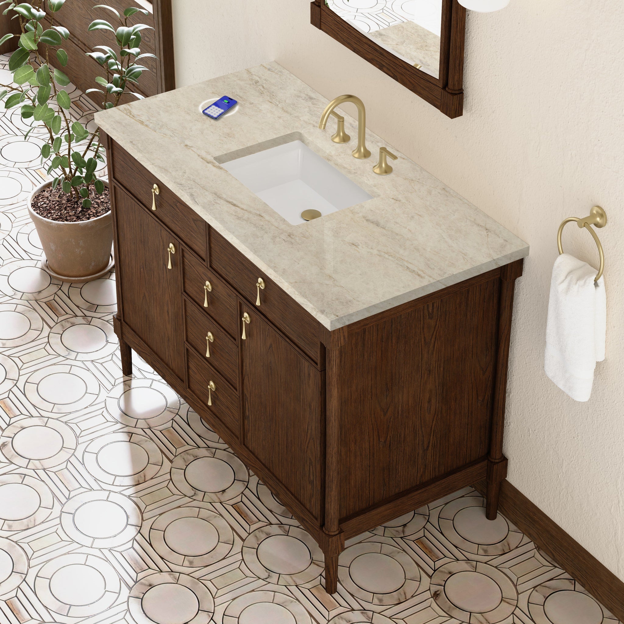 James Martin Kinnsden 48" Single Bathroom Vanity, Sable Oak with Tajnar (FreePower) countertop
