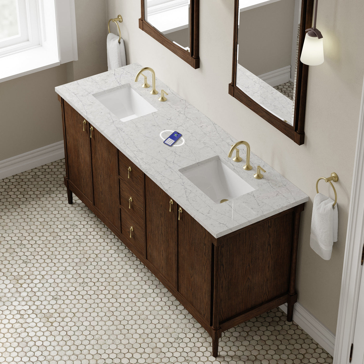 James Martin Kinnsden 72" Double Bathroom Vanity, Sable Oak with Eternal Jasmine Pearl (FreePower) countertop