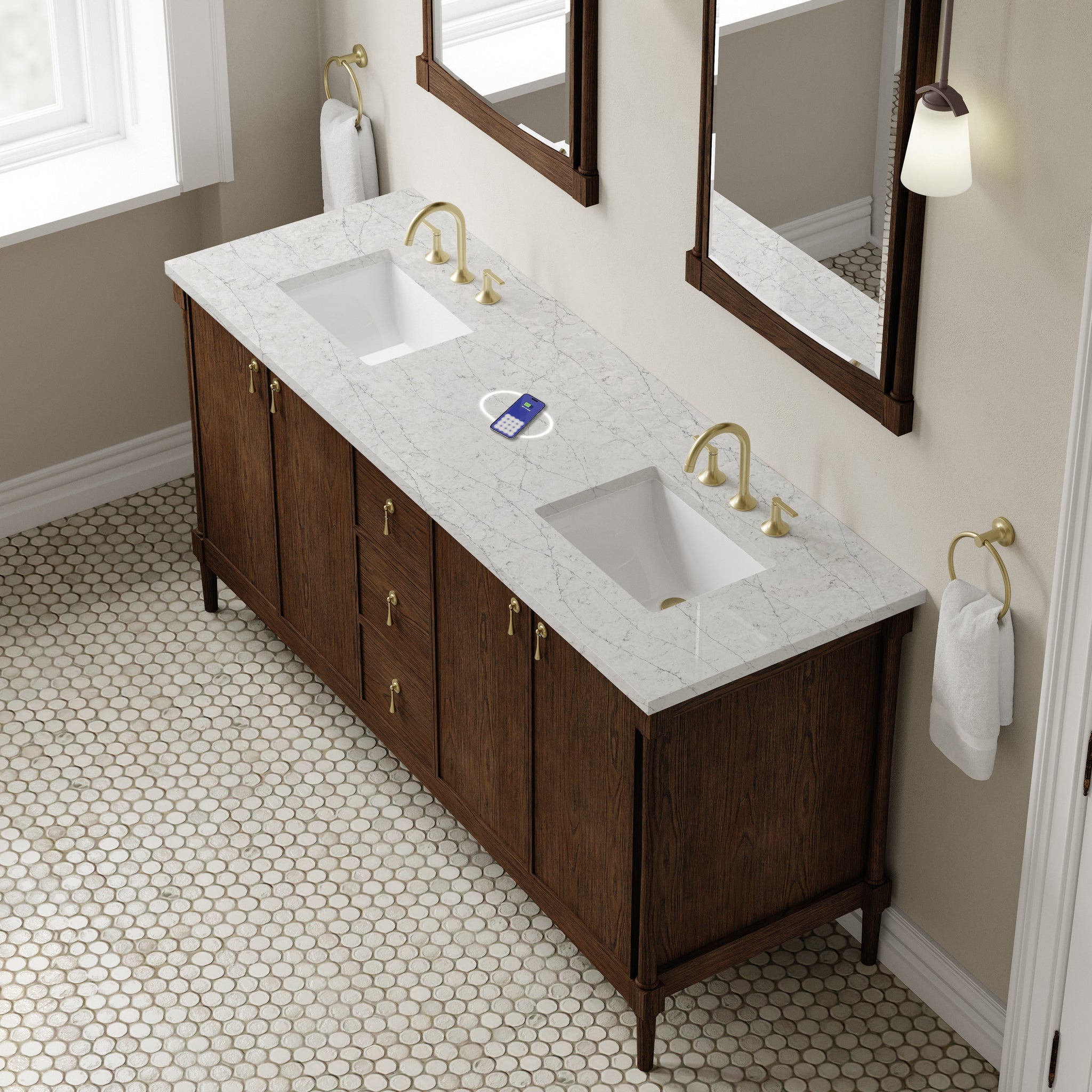 James Martin Kinnsden 72" Double Bathroom Vanity, Sable Oak with Eternal Jasmine Pearl (FreePower) countertop