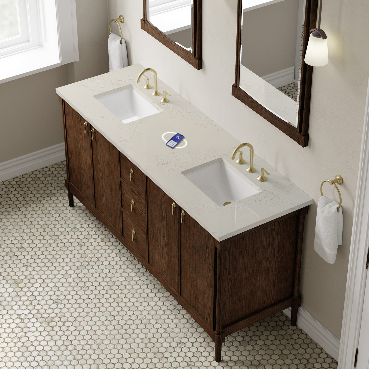 James Martin Kinnsden 72" Double Bathroom Vanity, Sable Oak with Siberian (FreePower) countertop