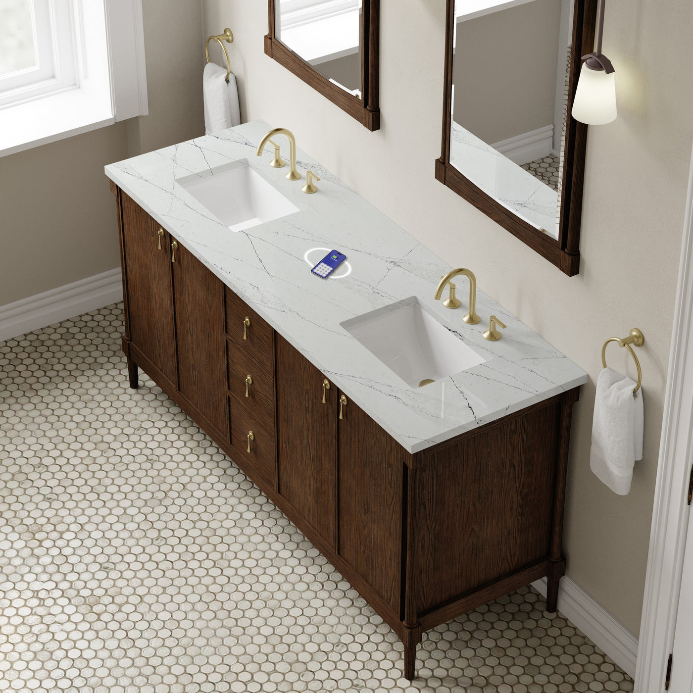 James Martin Kinnsden 72" Double Bathroom Vanity, Sable Oak with Ethereal Noctis (FreePower) countertop