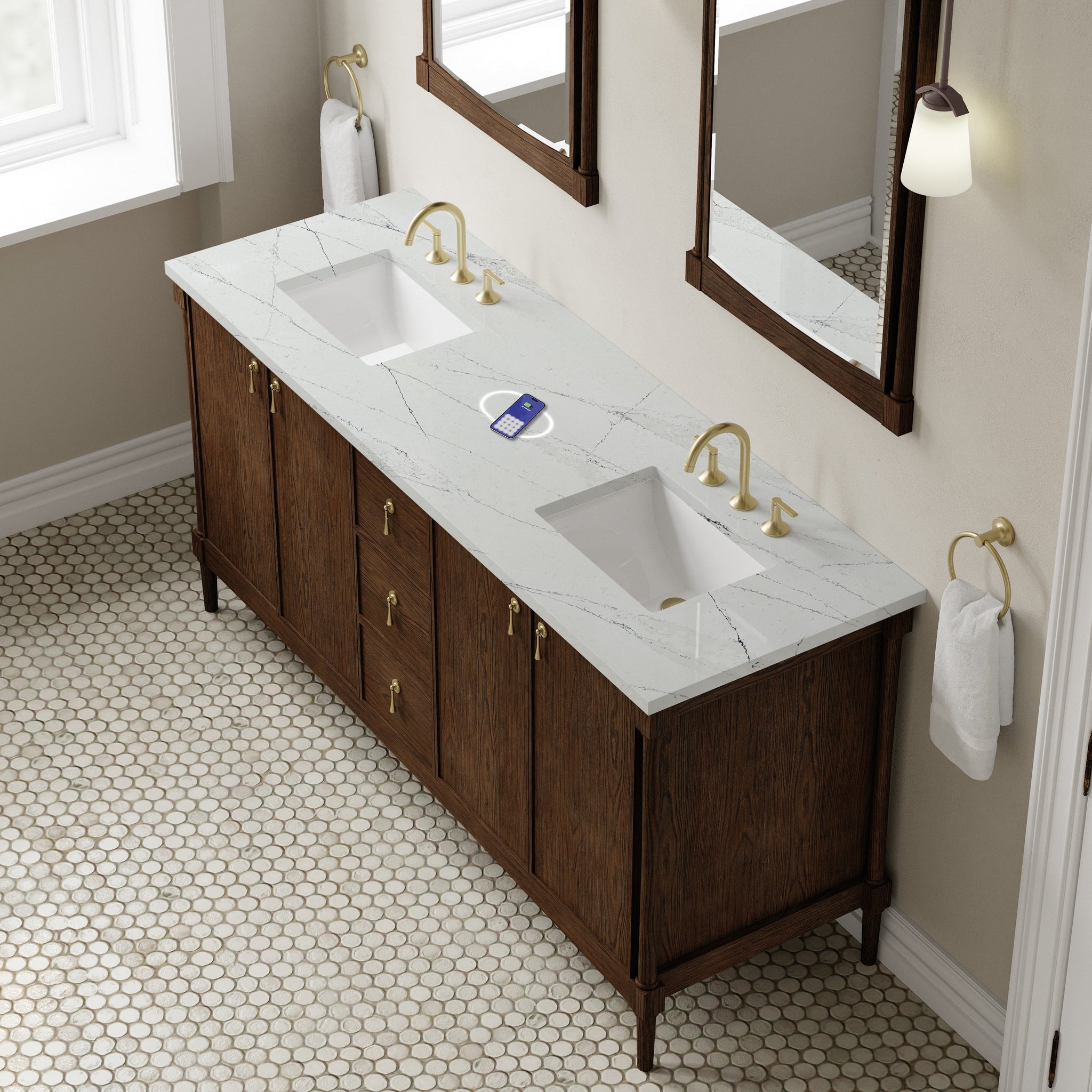 James Martin Kinnsden 72" Double Bathroom Vanity, Sable Oak with Ethereal Noctis (FreePower) countertop