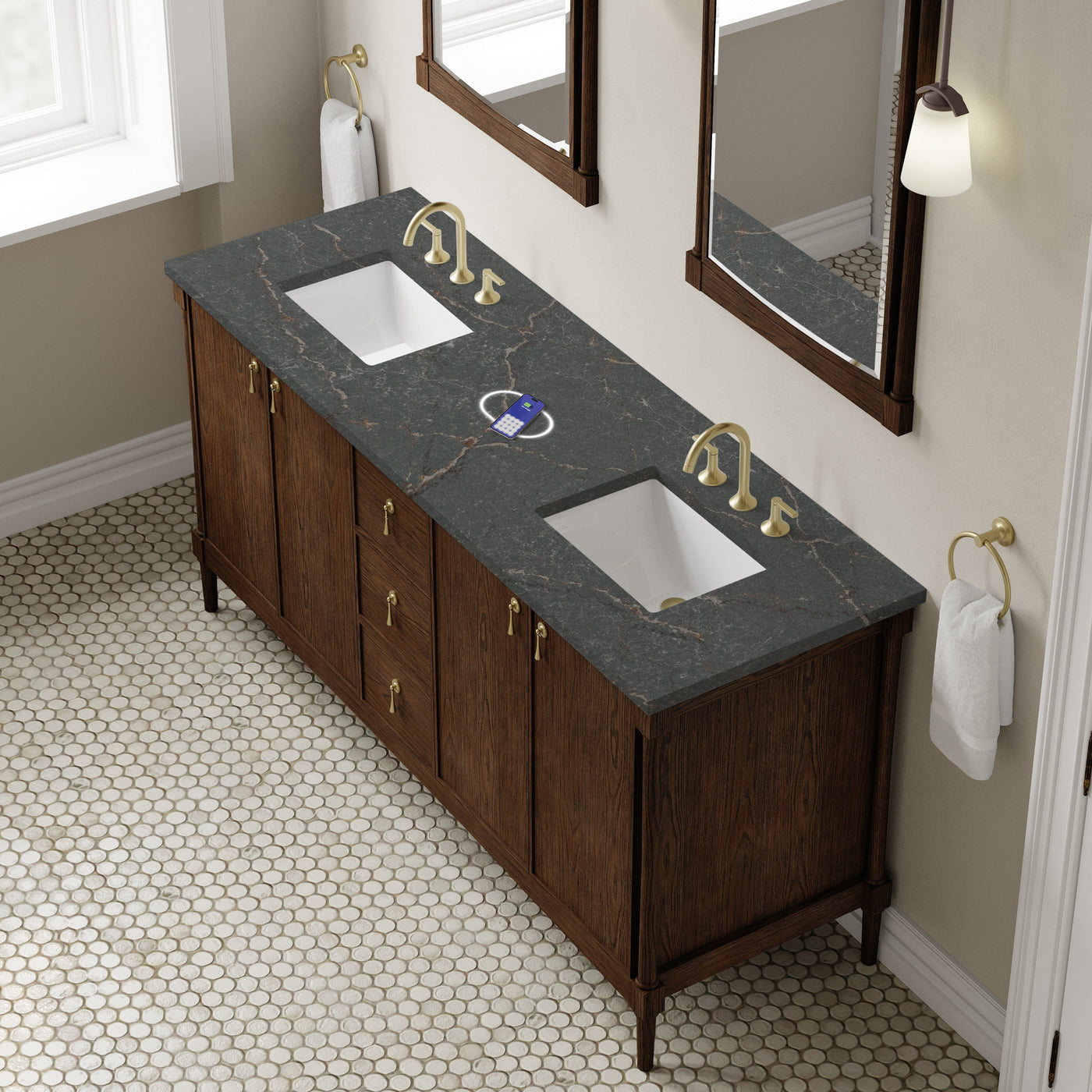 James Martin Kinnsden 72" Double Bathroom Vanity, Sable Oak with Parisien Bleu (FreePower) countertop