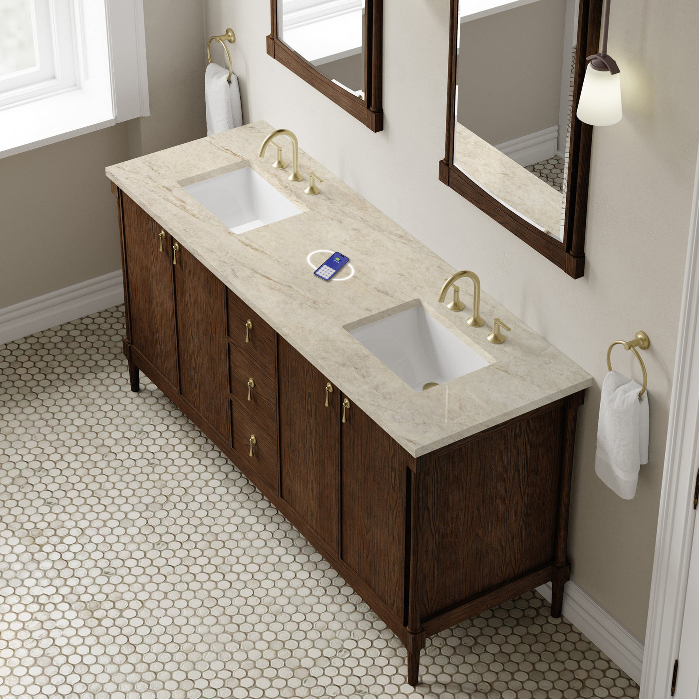 James Martin Kinnsden 72" Double Bathroom Vanity, Sable Oak with Tajnar (FreePower) countertop