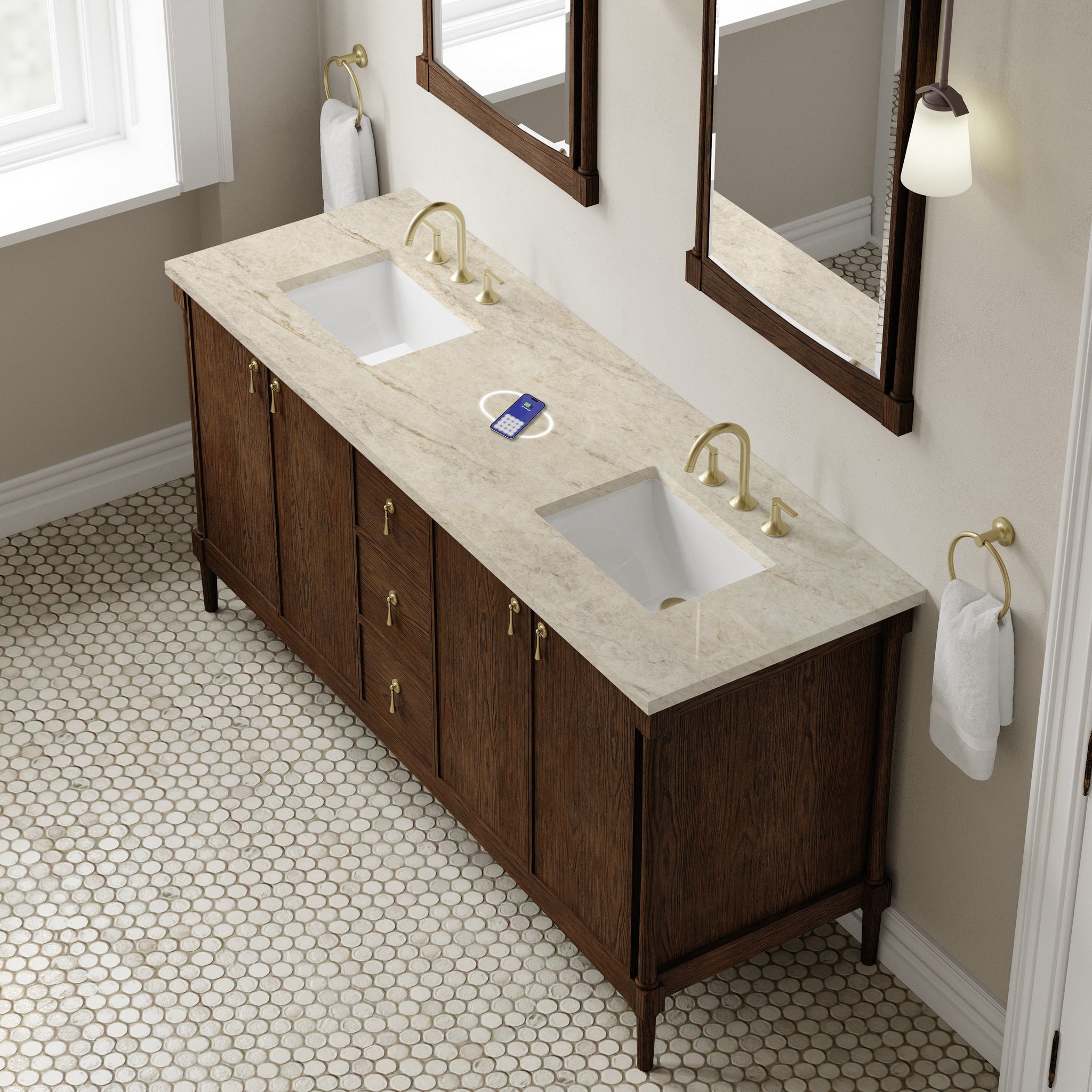 James Martin Kinnsden 72" Double Bathroom Vanity, Sable Oak with Tajnar (FreePower) countertop