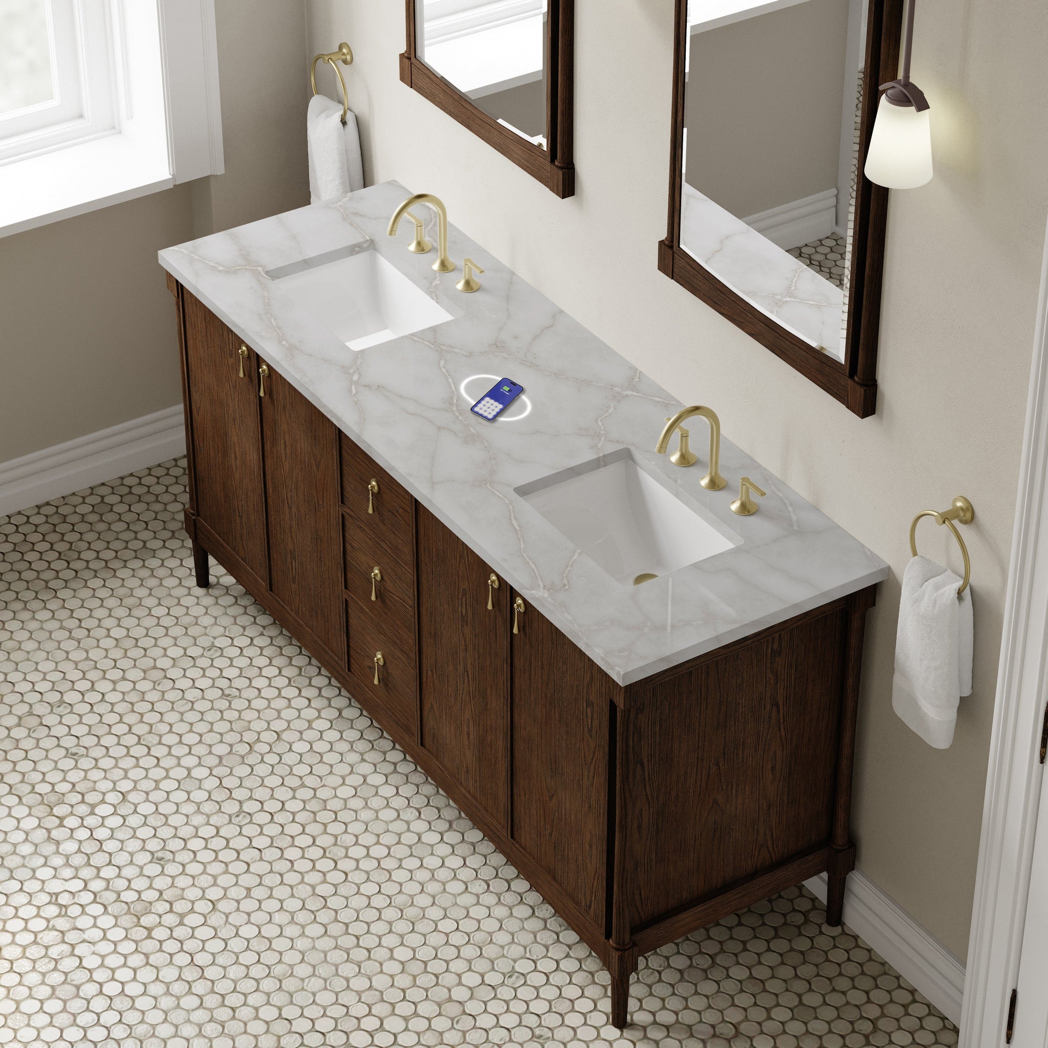 James Martin Kinnsden 72" Double Bathroom Vanity, Sable Oak with Victorian Silver (FreePower) countertop