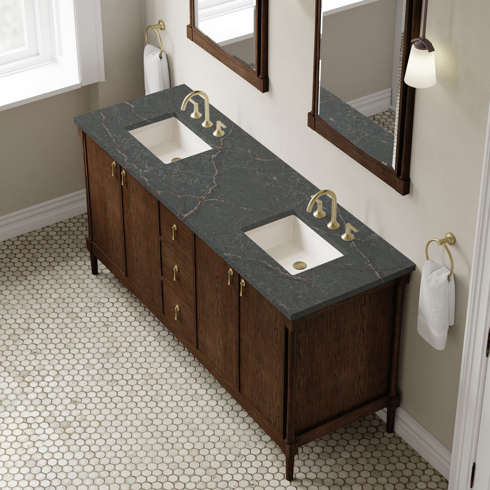 James Martin Kinnsden 72" Double Bathroom Vanity, Sable Oak with Parisien Bleu countertop